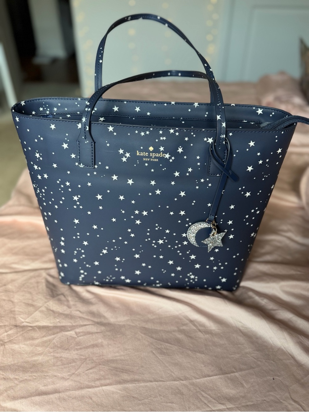 Kate Spade Kearny Street Grecia Navy Star Print Tote with Moon & Star Charm
